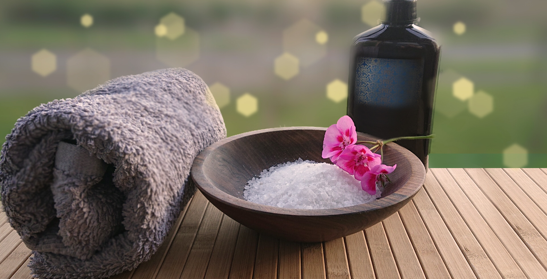 towel, bowl of rock salt and oil bottle