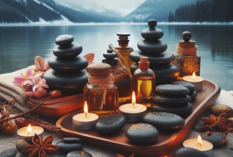 spa treatment products by a cold lake