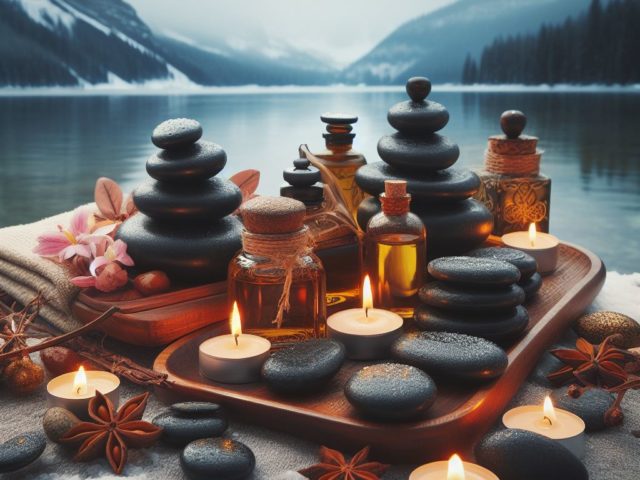 spa treatment products by a cold lake